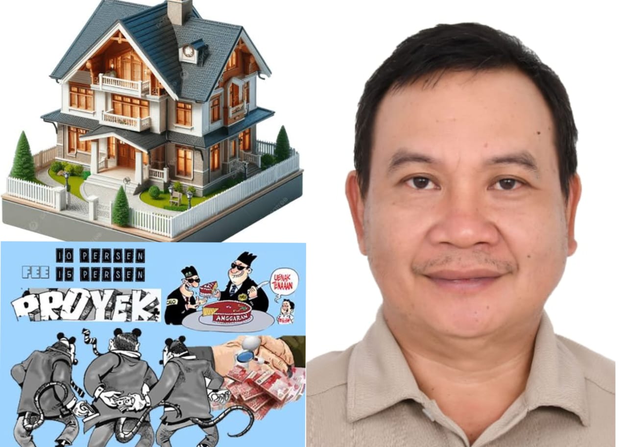 Pengamat Kebijakan Pemerintah yang juga Ketua LSM MAPATU Stenly Lengkong. Gambar lain Karikatur Vila Mewah dan Bagi-Bagi Fee Proyek.
